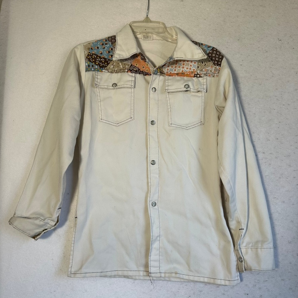 Vintage Western Patchwork Denim Shirt Jacket Off White Twill Snap Front Small